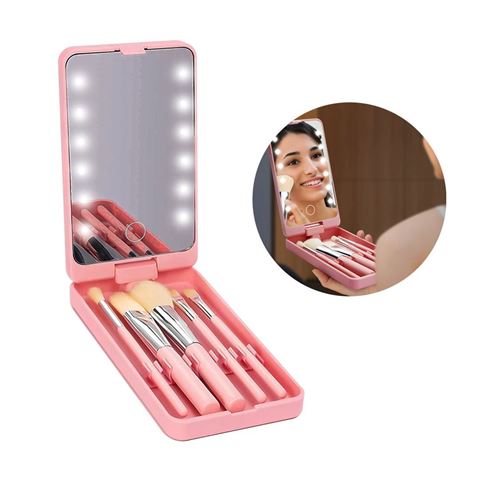 Imagen de Espejo de maquillaje con luz led y set de brochas 360º
