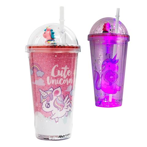 Imagen de Vaso Unicornio con Luz, Tapa y Sorbito 500 ml - Diseños Surtidos