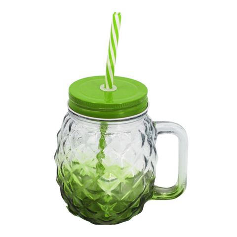 Imagen de Jarro Vaso de vidrio con asa, tapa y sorbito Diseño Piña