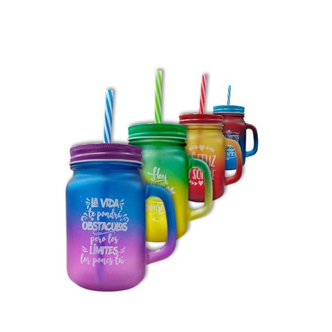 Imagen de Jarro vidrio con tapa sorbito color con frases 450ml