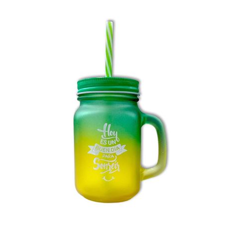 Imagen de Jarro vidrio con tapa sorbito color con frases 450ml