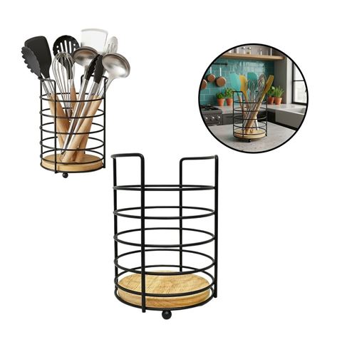 Imagen de Contenedor para cubiertos o menaje-metal negro y bambu-14x14