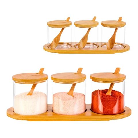 Imagen de Set x 3 Especieros frascos en vidrio con base tapa y cuchara en bambu