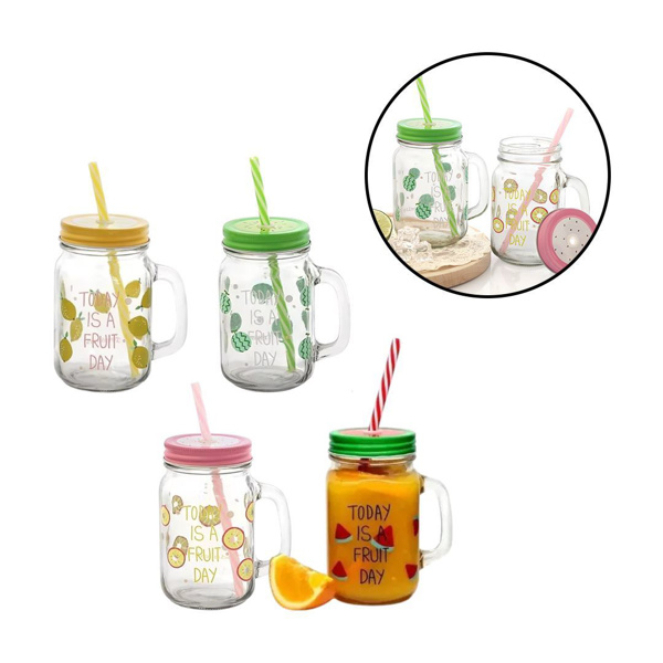 Imagen de Frasco Jarro de vidrio con tapa y sorbito - Estampado 450ml