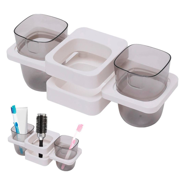 Imagen de Porta cepillo de dientes para pared con vasos  Set en línea de 3 vasos